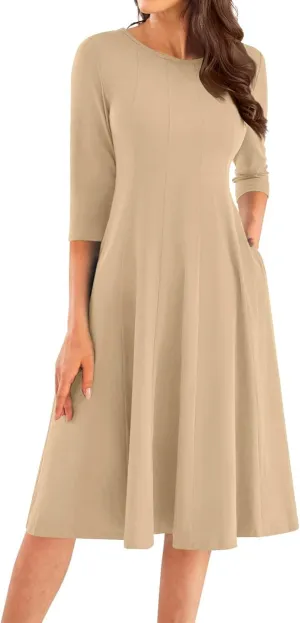 Womens 2024 Fall Trendy Casual Solid Crew Neck 3/4 Sleeve A Line Flowy Casual Midi Dress with Pockets