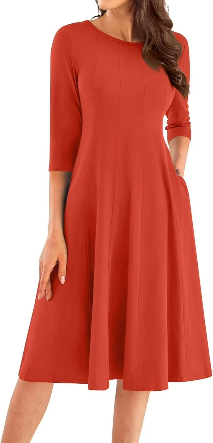 Womens 2024 Fall Trendy Casual Solid Crew Neck 3/4 Sleeve A Line Flowy Casual Midi Dress with Pockets