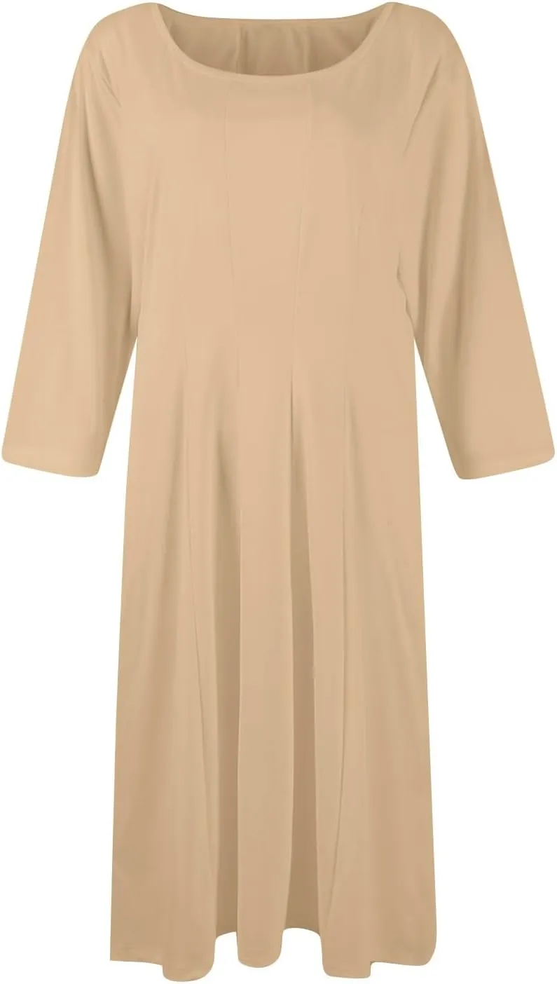Womens 2024 Fall Trendy Casual Solid Crew Neck 3/4 Sleeve A Line Flowy Casual Midi Dress with Pockets