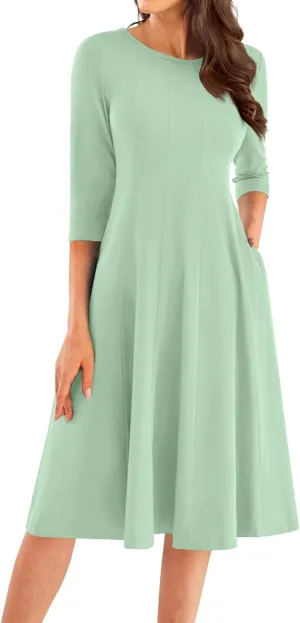 Womens 2024 Fall Trendy Casual Solid Crew Neck 3/4 Sleeve A Line Flowy Casual Midi Dress with Pockets