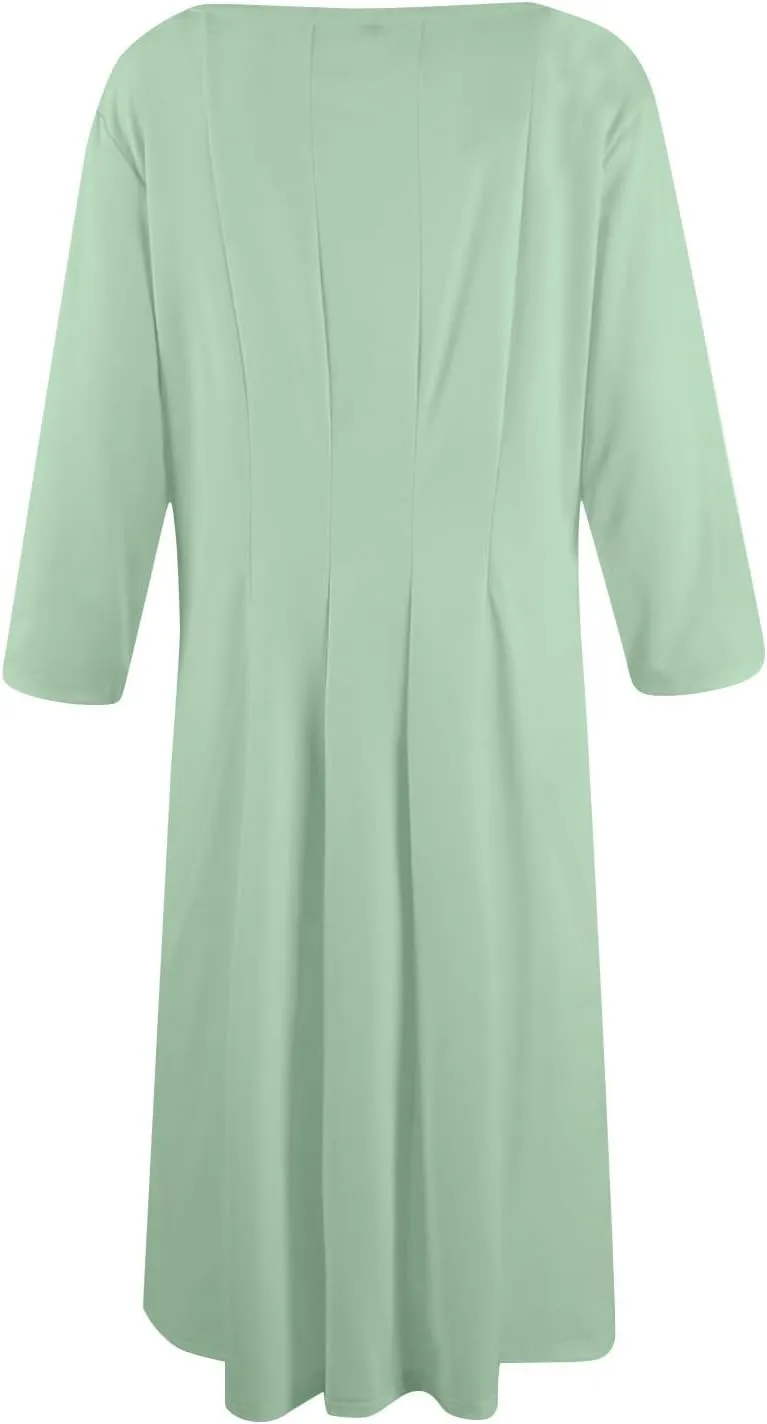 Womens 2024 Fall Trendy Casual Solid Crew Neck 3/4 Sleeve A Line Flowy Casual Midi Dress with Pockets