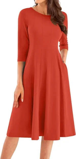 Womens 2024 Fall Trendy Casual Solid Crew Neck 3/4 Sleeve A Line Flowy Casual Midi Dress with Pockets