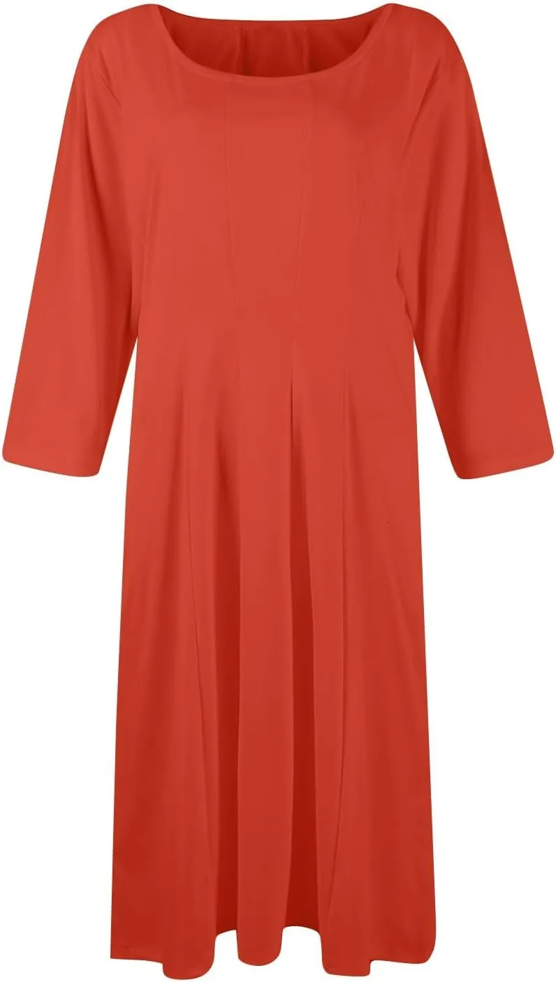 Womens 2024 Fall Trendy Casual Solid Crew Neck 3/4 Sleeve A Line Flowy Casual Midi Dress with Pockets