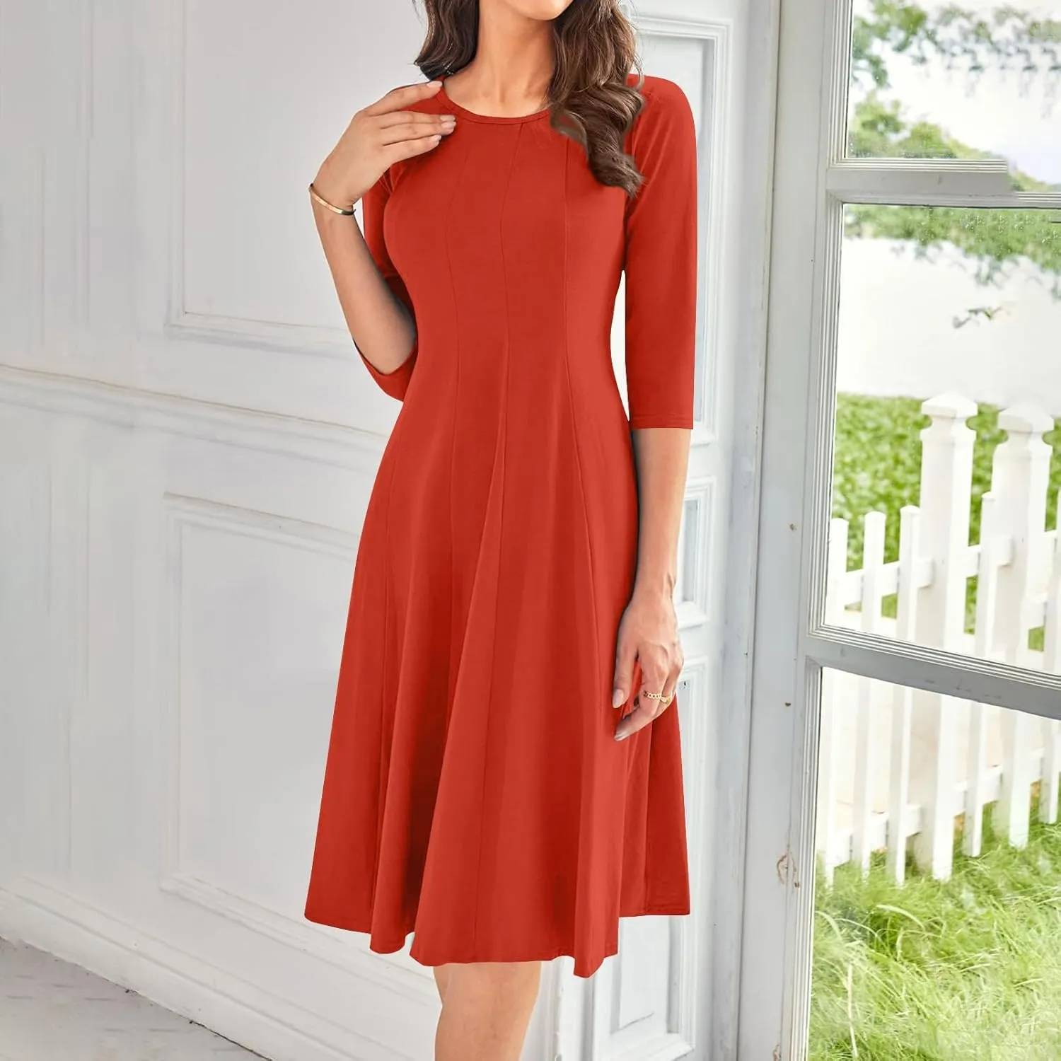 Womens 2024 Fall Trendy Casual Solid Crew Neck 3/4 Sleeve A Line Flowy Casual Midi Dress with Pockets