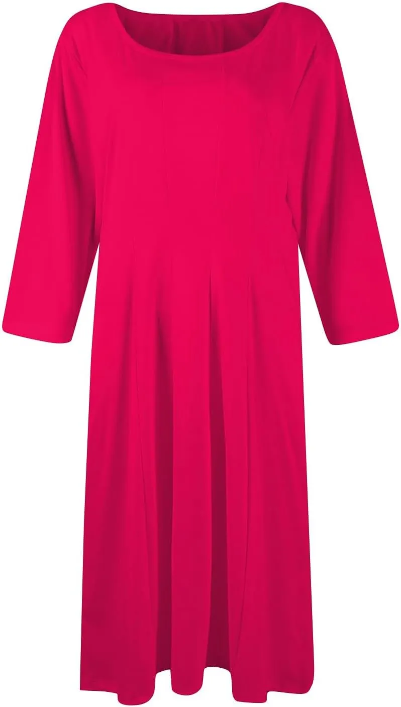 Womens 2024 Fall Trendy Casual Solid Crew Neck 3/4 Sleeve A Line Flowy Casual Midi Dress with Pockets