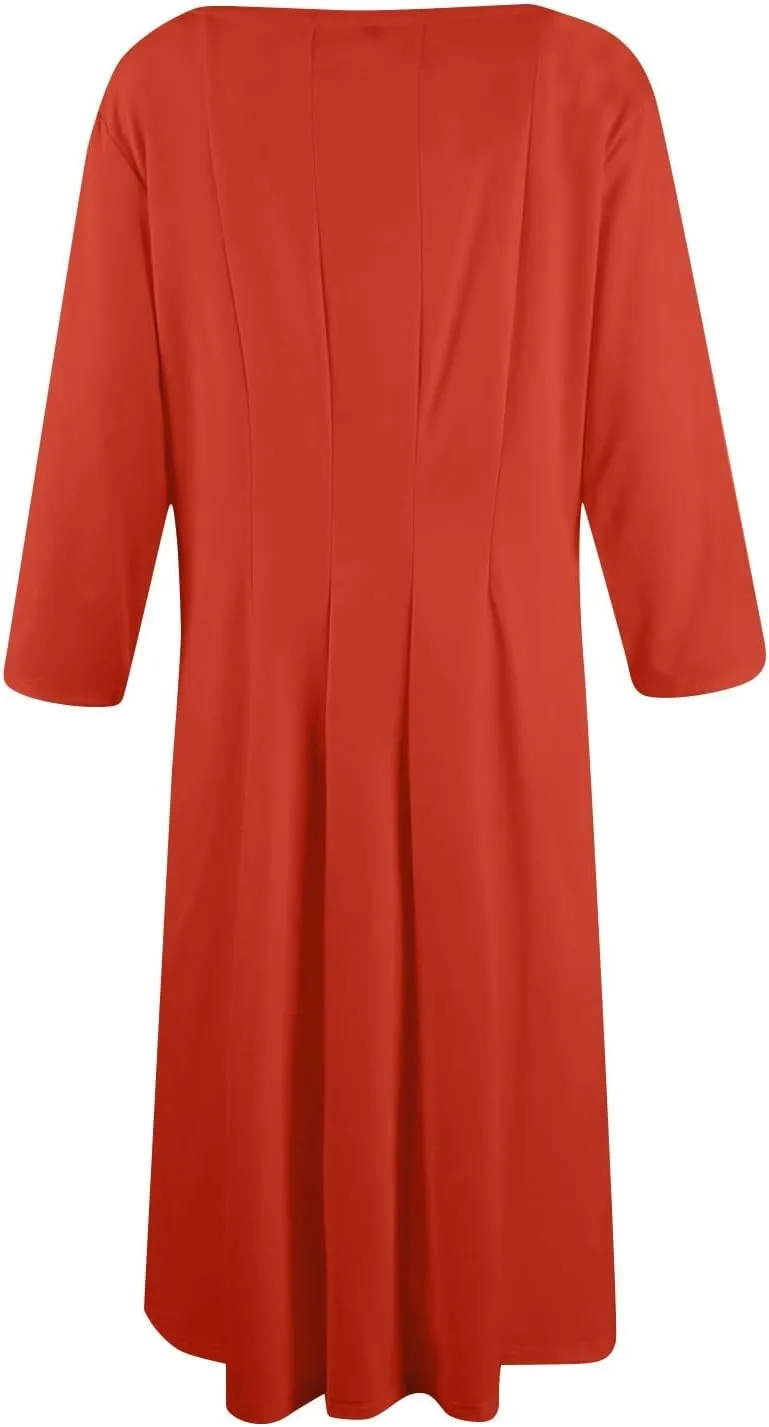 Womens 2024 Fall Trendy Casual Solid Crew Neck 3/4 Sleeve A Line Flowy Casual Midi Dress with Pockets