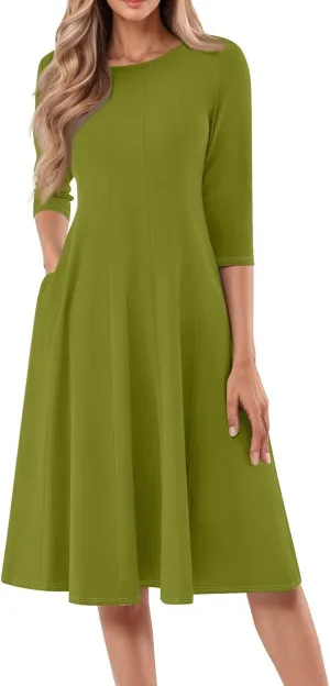 Womens 2025 Trendy Dresses Crew Neck 3/4 Sleeve A Line Loose Casual Midi Dress with Pockets