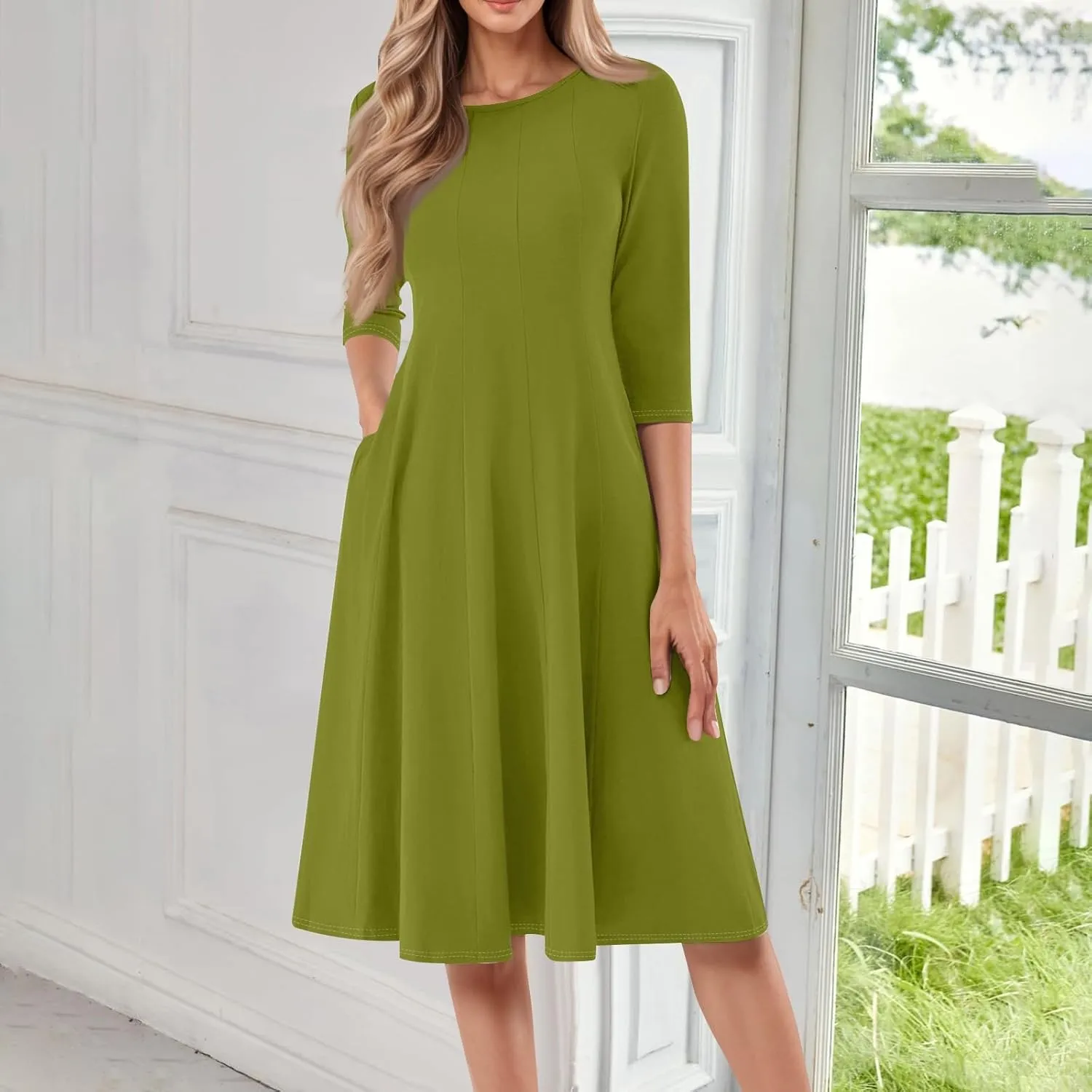 Womens 2025 Trendy Dresses Crew Neck 3/4 Sleeve A Line Loose Casual Midi Dress with Pockets