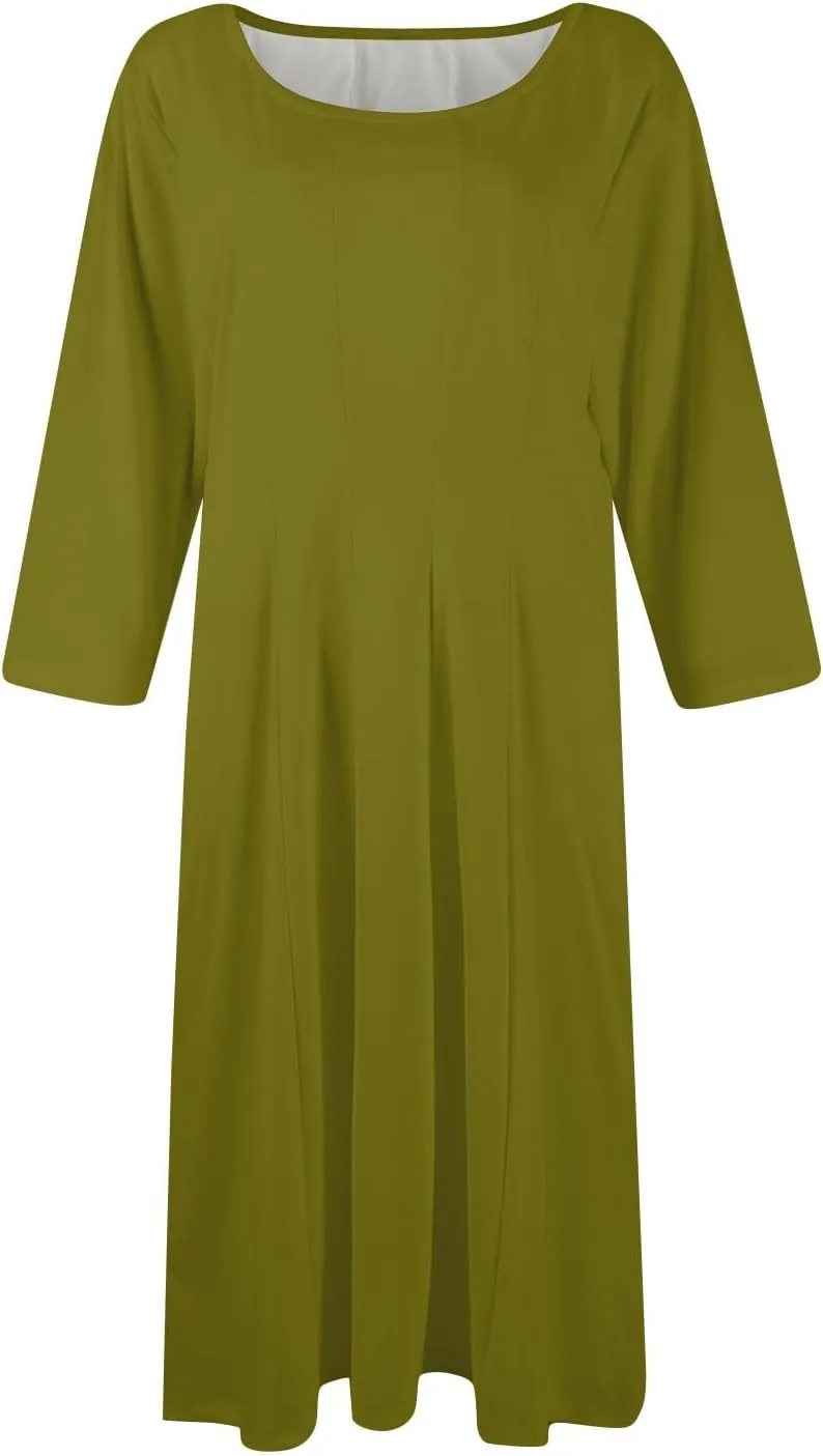 Womens 2025 Trendy Dresses Crew Neck 3/4 Sleeve A Line Loose Casual Midi Dress with Pockets