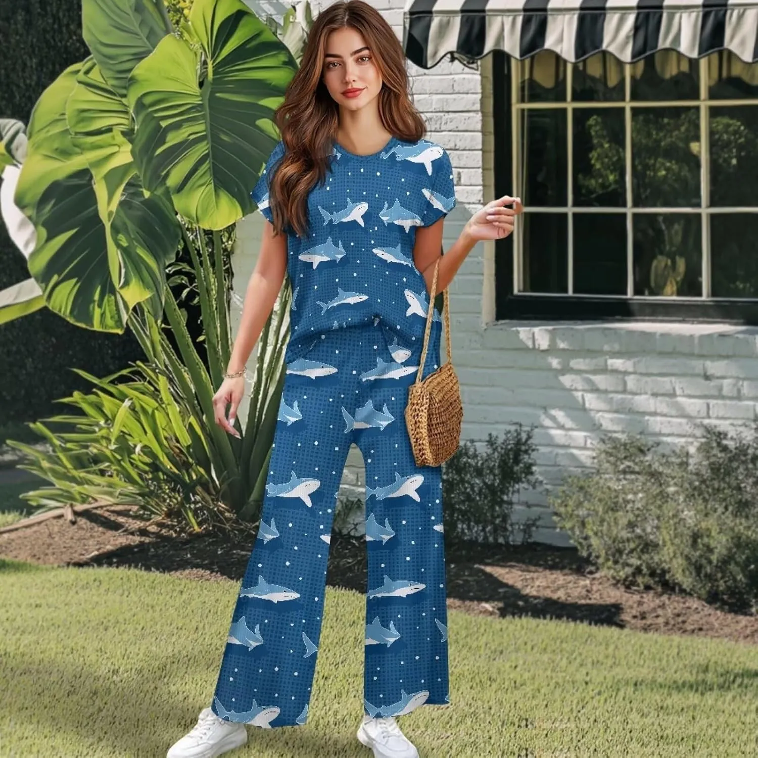 Women's 2pcs Lounge Sets Ladies Summer Short Sleeve Wide Leg Tracksuits Comfy Loungewear Sweatsuits Travel Clothes