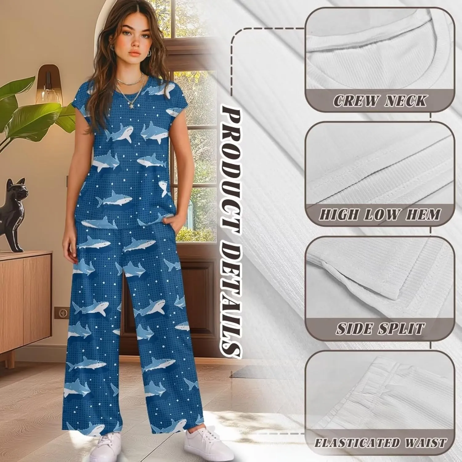 Women's 2pcs Lounge Sets Ladies Summer Short Sleeve Wide Leg Tracksuits Comfy Loungewear Sweatsuits Travel Clothes