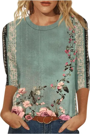 Women's 3/4 Length Sleeve Tops Casual Round Neck Tunic Shirts Spring Summer Basic Tees Loose Fit Business Work Blouse