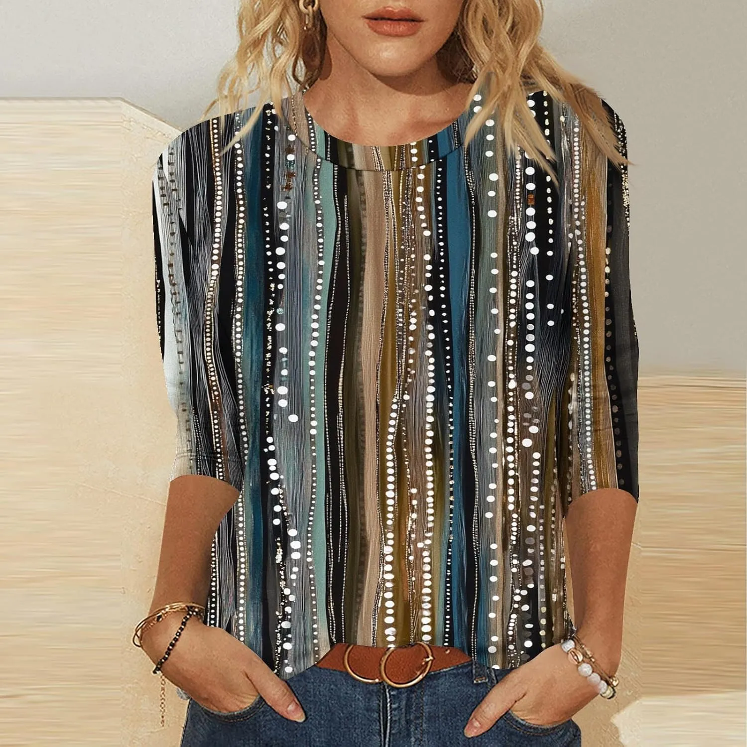 Women's 3/4 Length Sleeve Tops Casual Round Neck Tunic Shirts Spring Summer Basic Tees Loose Fit Business Work Blouse