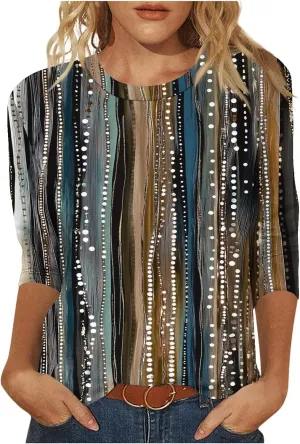 Women's 3/4 Length Sleeve Tops Casual Round Neck Tunic Shirts Spring Summer Basic Tees Loose Fit Business Work Blouse