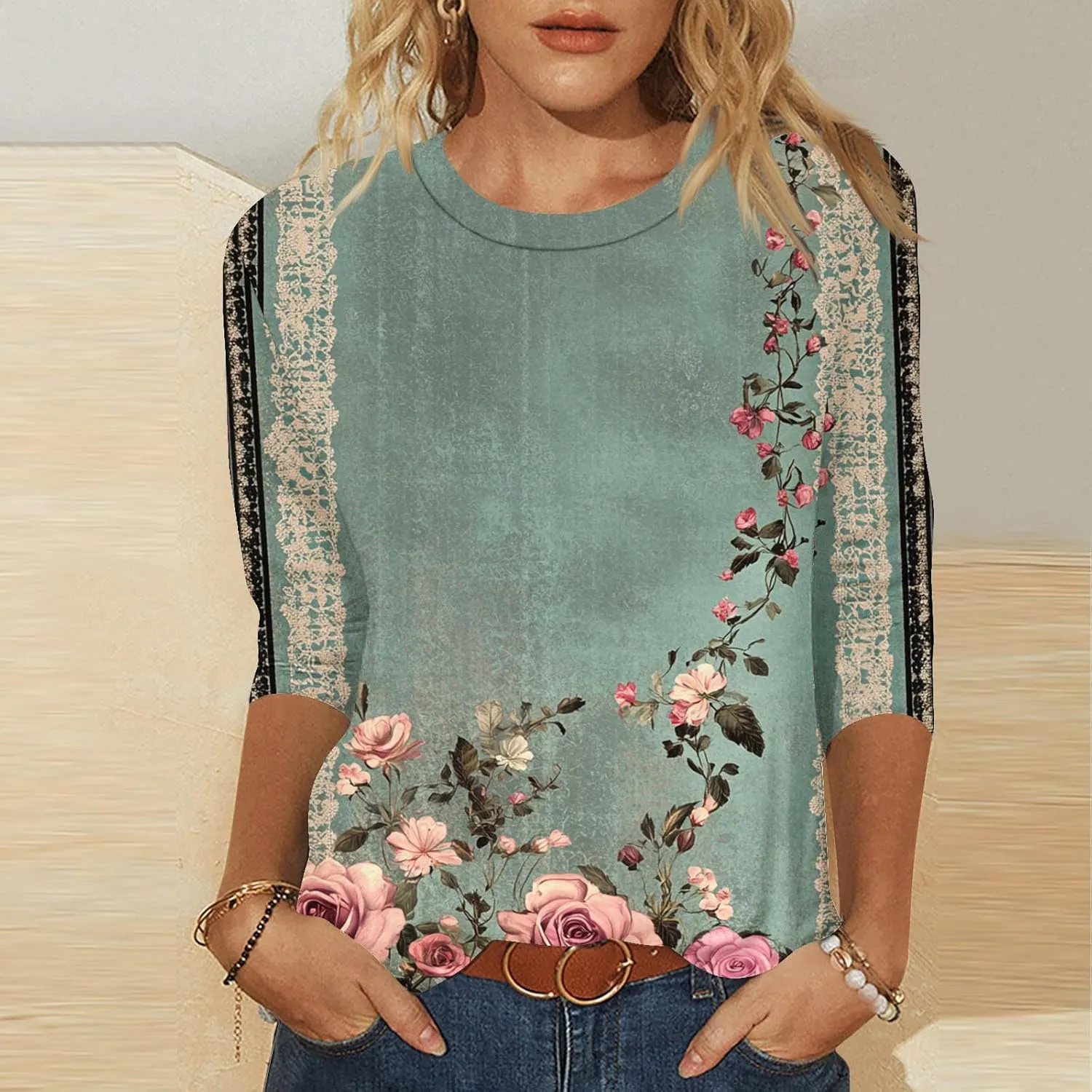 Women's 3/4 Length Sleeve Tops Casual Round Neck Tunic Shirts Spring Summer Basic Tees Loose Fit Business Work Blouse