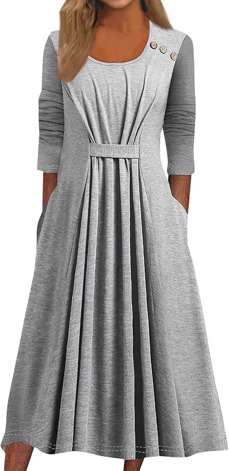 Women's 3/4 Sleeve A-line Flare Midi Long Dress Plus Size 2025 Fashion Swing Irregular Hem A Line Flowy Pleated Dress
