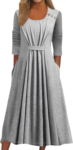 Women's 3/4 Sleeve A-line Flare Midi Long Dress Plus Size 2025 Fashion Swing Irregular Hem A Line Flowy Pleated Dress