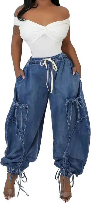 Women's Baggy Cargo Barrel Jeans Drawstring High Waist Loose Harem Wide Leg Denim Pants Bow Tie Harem Pants Joggers