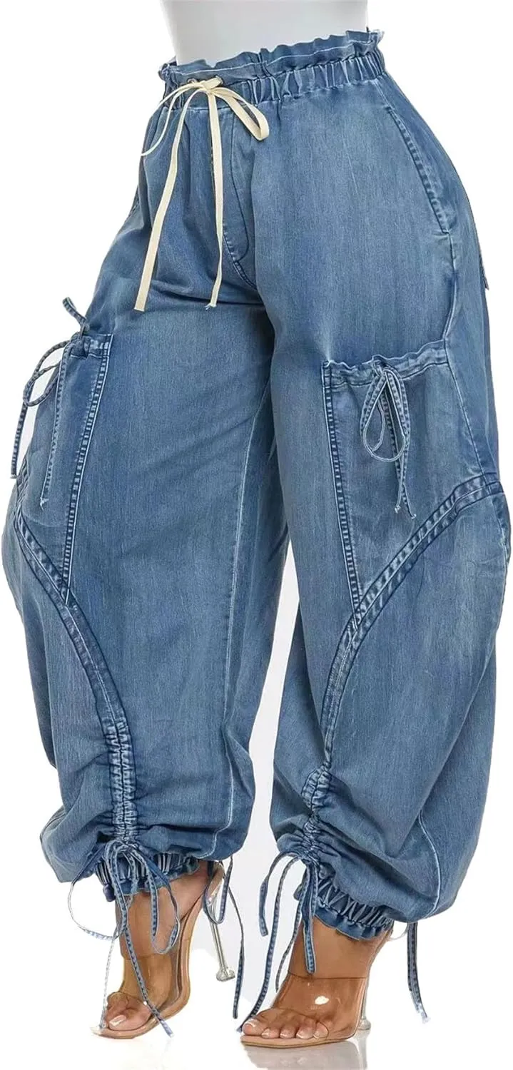 Women's Baggy Cargo Barrel Jeans Drawstring High Waist Loose Harem Wide Leg Denim Pants Bow Tie Harem Pants Joggers