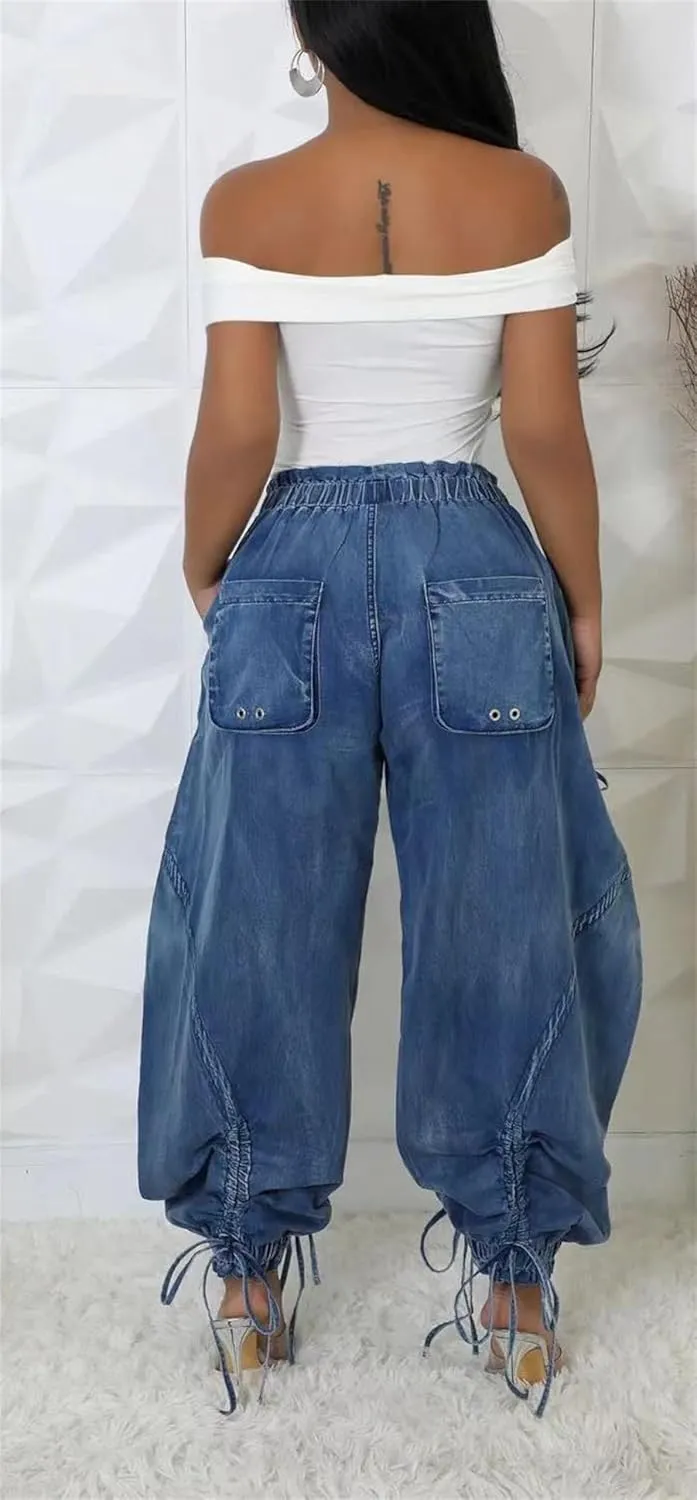 Women's Baggy Cargo Barrel Jeans Drawstring High Waist Loose Harem Wide Leg Denim Pants Bow Tie Harem Pants Joggers