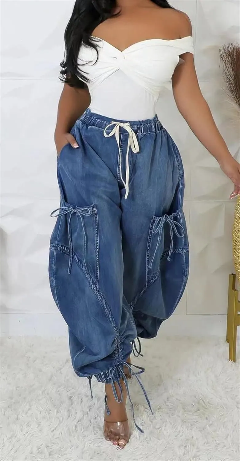 Women's Baggy Cargo Barrel Jeans Drawstring High Waist Loose Harem Wide Leg Denim Pants Bow Tie Harem Pants Joggers