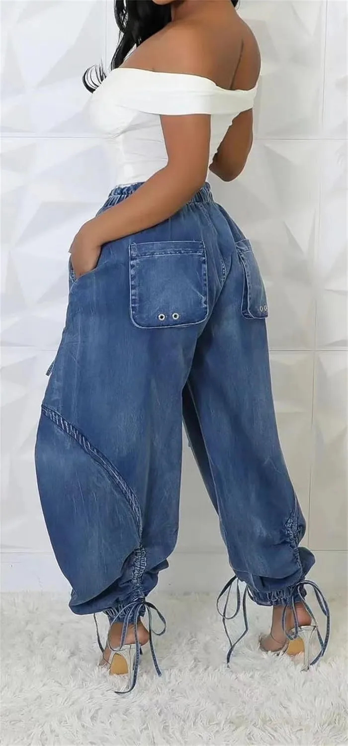 Women's Baggy Cargo Barrel Jeans Drawstring High Waist Loose Harem Wide Leg Denim Pants Bow Tie Harem Pants Joggers