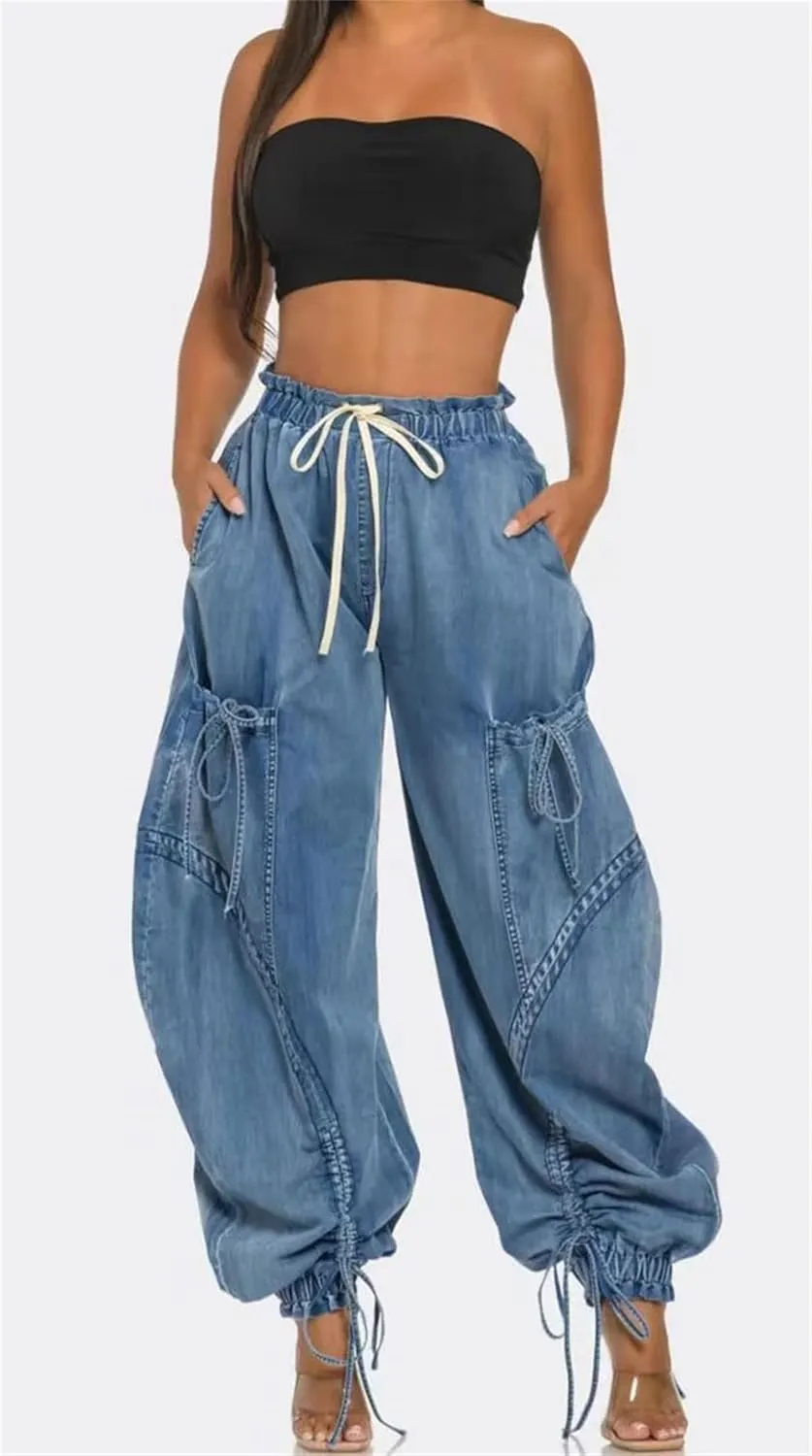 Women's Baggy Cargo Barrel Jeans Drawstring High Waist Loose Harem Wide Leg Denim Pants Bow Tie Harem Pants Joggers