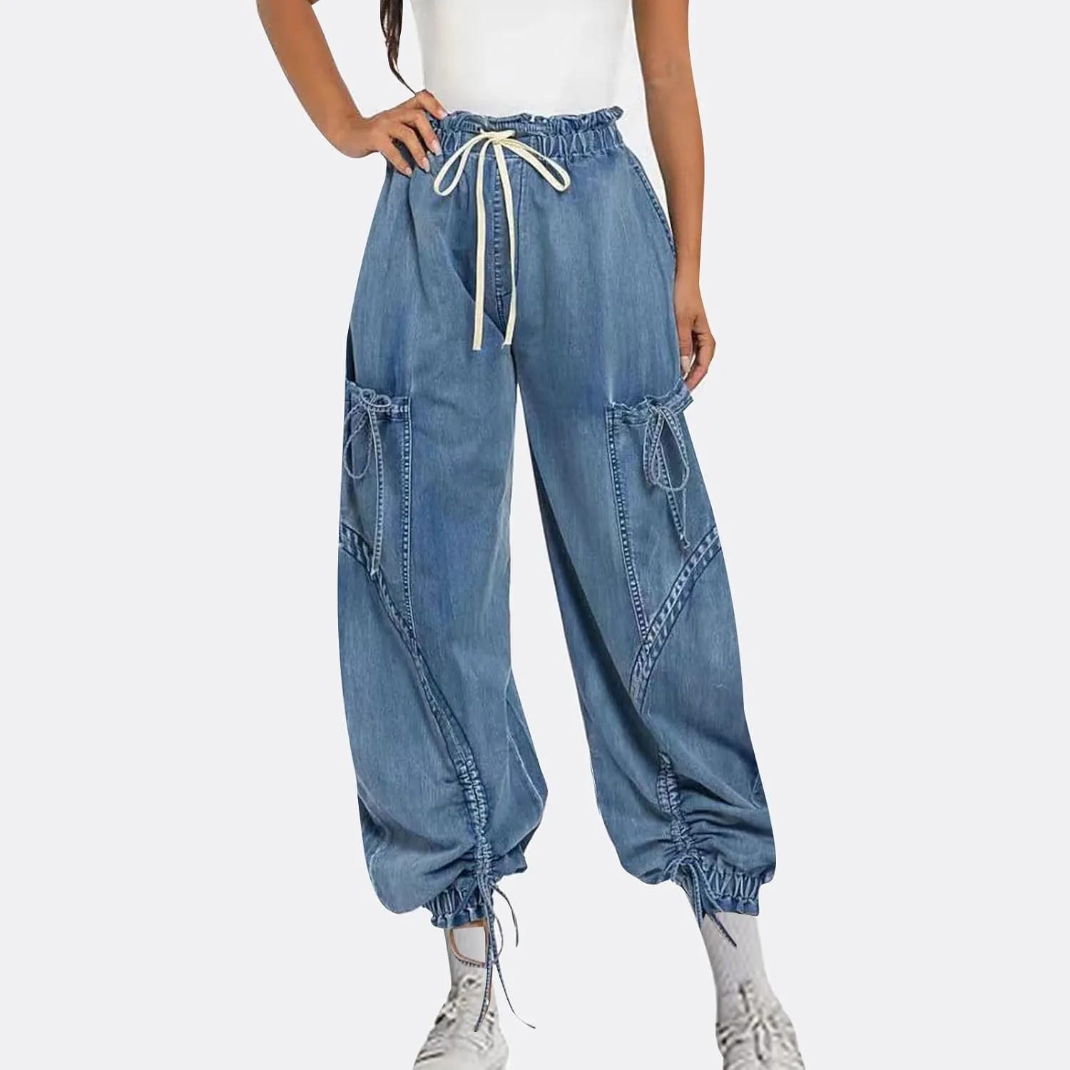 Women's Baggy Cargo Jeans High Waisted Drawstring Wide Leg Jogger with Bow Pockets Loose Harem Denim Pant Sweatpants