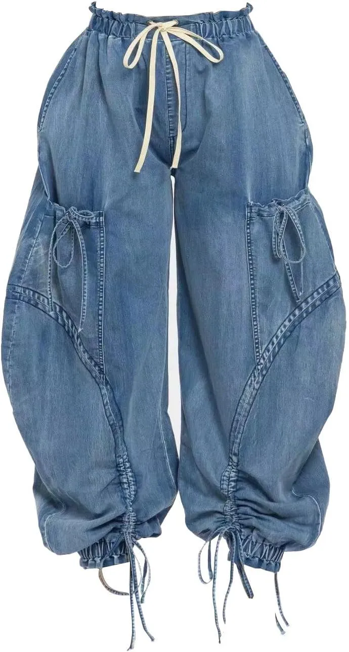 Women's Baggy Cargo Jeans High Waisted Drawstring Wide Leg Jogger with Bow Pockets Loose Harem Denim Pant Sweatpants
