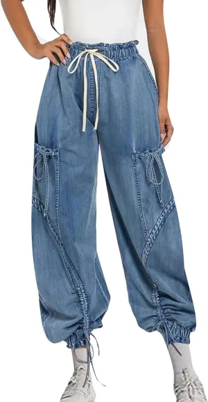 Women's Baggy Cargo Jeans High Waisted Drawstring Wide Leg Jogger with Bow Pockets Loose Harem Denim Pant Sweatpants