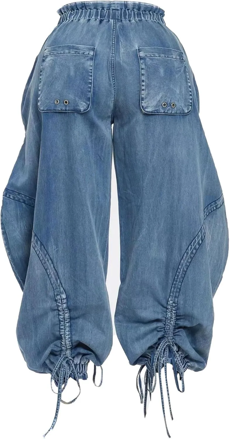 Women's Baggy Cargo Jeans High Waisted Drawstring Wide Leg Jogger with Bow Pockets Loose Harem Denim Pant Sweatpants