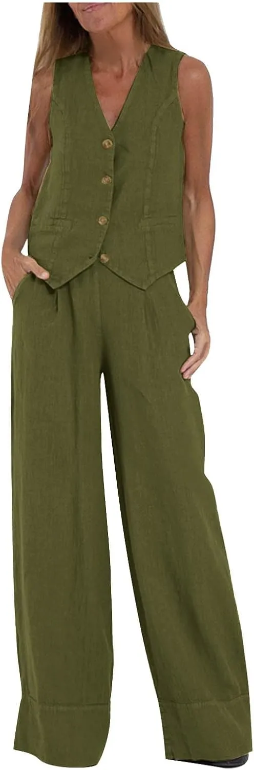 Womens Blazer Set Sleeveless V Neck Vest Tops Waistcoat and Cotton Linen Pants 2 Piece Vest Suit Casual Matching Set