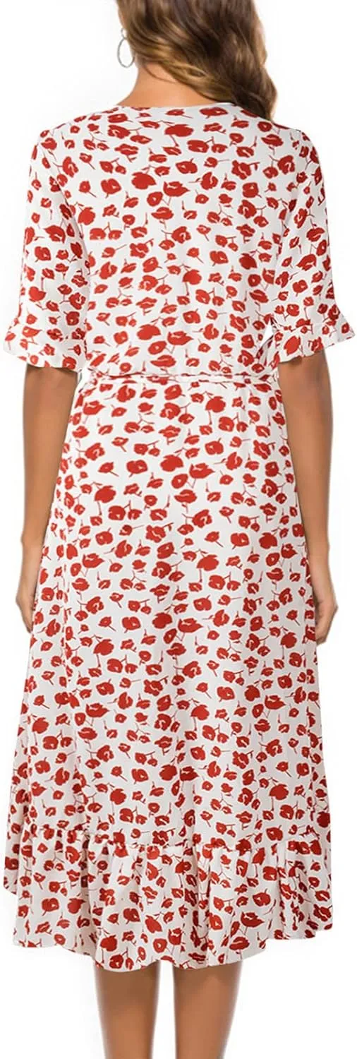 Womens Bohemian Floral Midi Dresses Short Sleeve V Neck Casual Ruffle Dress Side Split Dresses Summer Beach Vacation Outfits