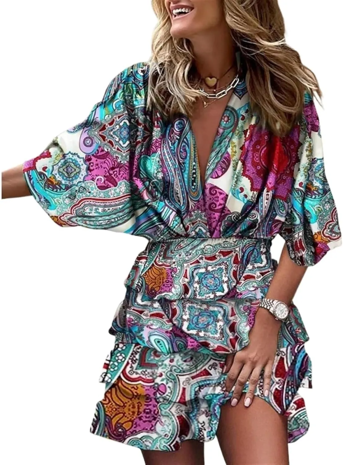 Women's Boho Dress Elegant Ruffles V-neck Half Sleeve Print Mini Dresses Loose Casual Bohemian Sundress