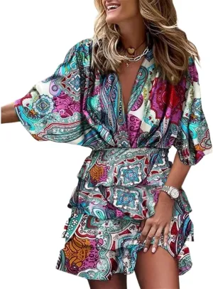 Women's Boho Dress Elegant Ruffles V-neck Half Sleeve Print Mini Dresses Loose Casual Bohemian Sundress