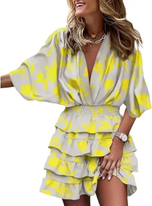 Women's Boho Dress Elegant Ruffles V-neck Half Sleeve Print Mini Dresses Loose Casual Bohemian Sundress
