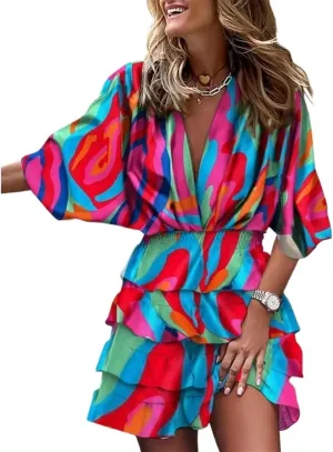 Women's Boho Dress Elegant Ruffles V-neck Half Sleeve Print Mini Dresses Loose Casual Bohemian Sundress