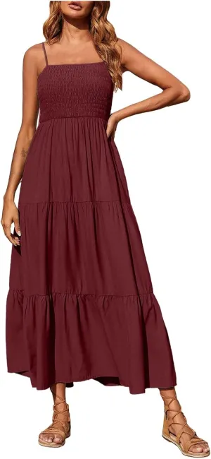 Women's Boho Dress Spaghetti Strap Smocked Tiered Dress Long Beach Sun Dresses Summer Sleeveless Solid Maxi Dress