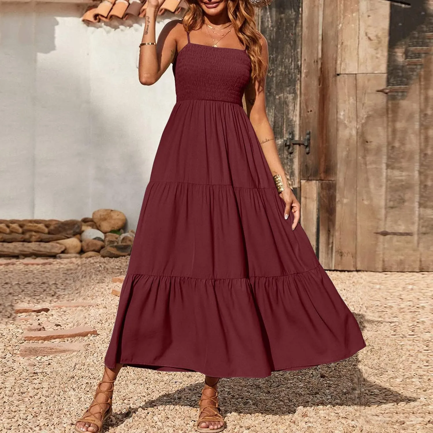 Women's Boho Dress Spaghetti Strap Smocked Tiered Dress Long Beach Sun Dresses Summer Sleeveless Solid Maxi Dress