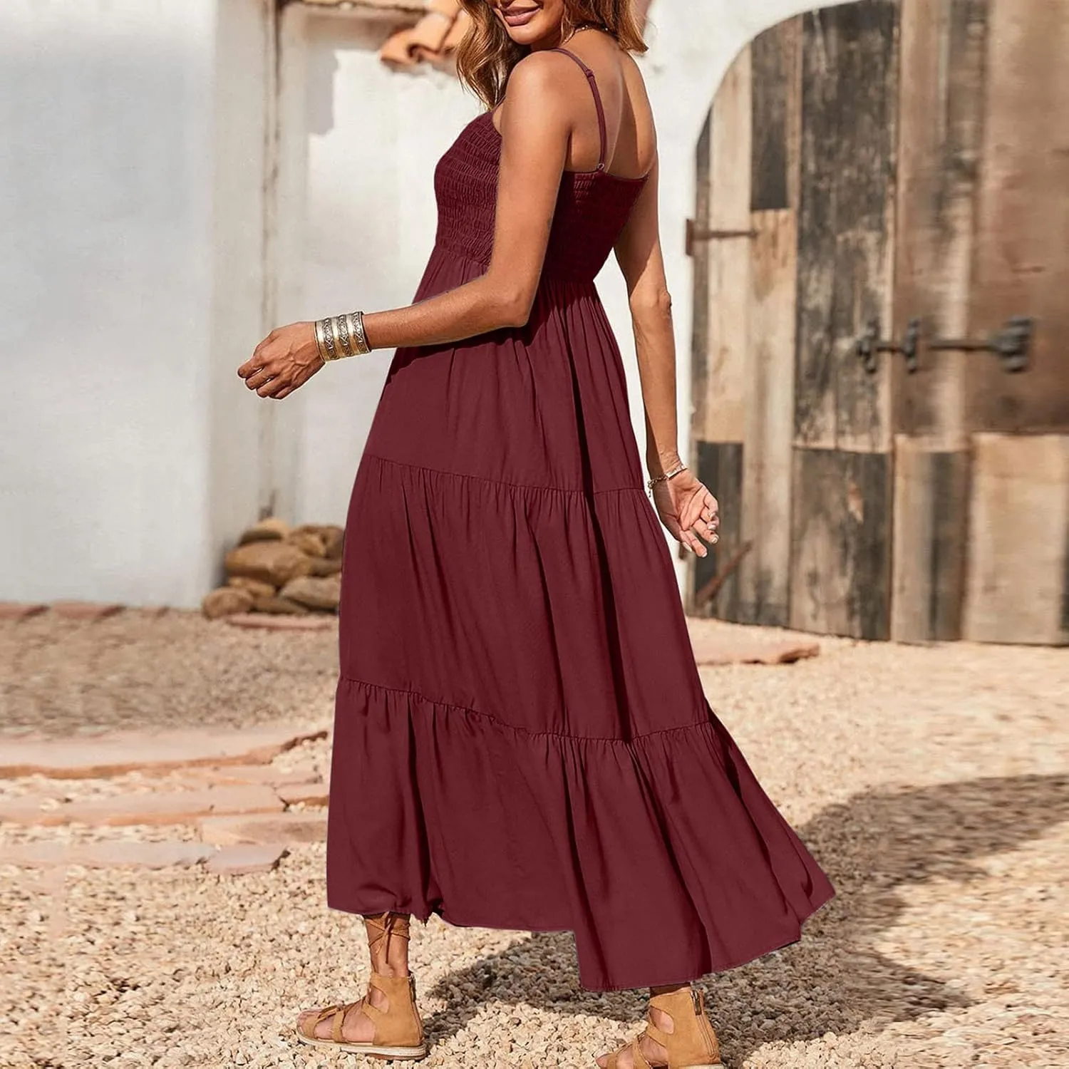 Women's Boho Dress Spaghetti Strap Smocked Tiered Dress Long Beach Sun Dresses Summer Sleeveless Solid Maxi Dress