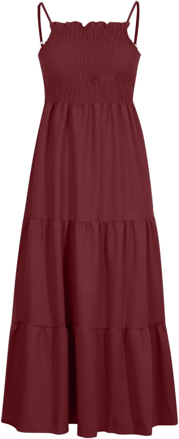 Women's Boho Dress Spaghetti Strap Smocked Tiered Dress Long Beach Sun Dresses Summer Sleeveless Solid Maxi Dress