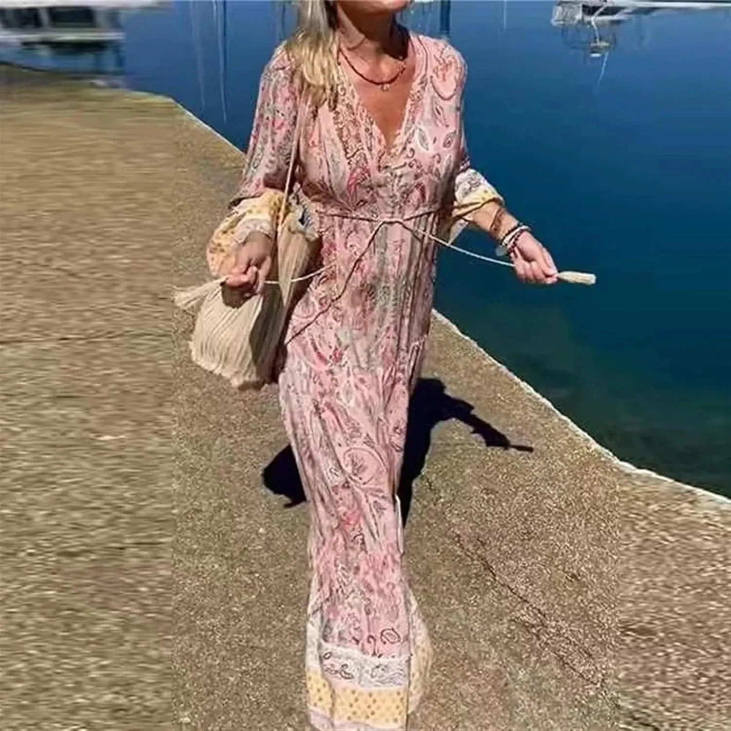 Women's Boho Dress Summer Long Sleeve Print Loose Long Dress Beach Retro Button V-Neck Darwstring Sundresses
