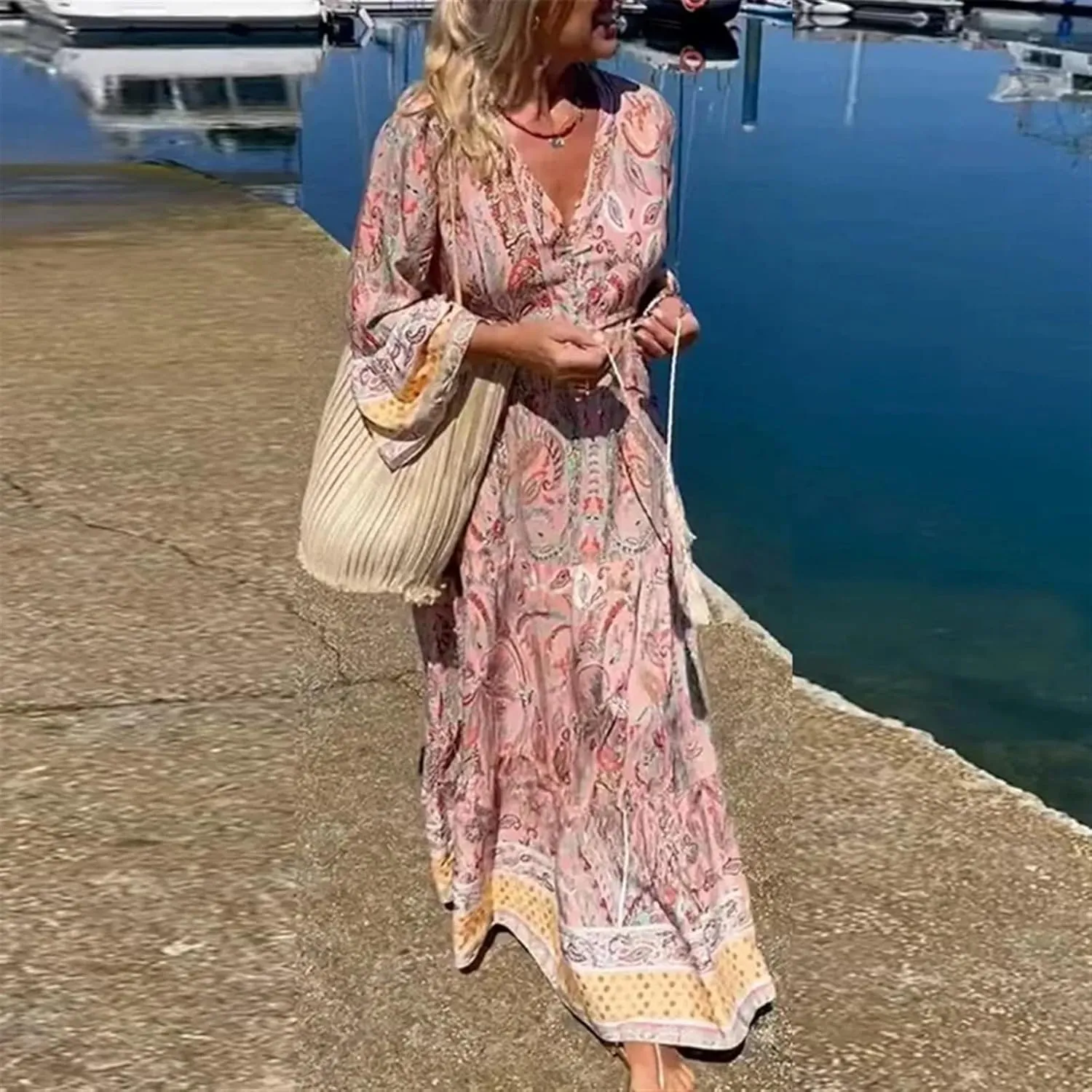 Women's Boho Dress Summer Long Sleeve Print Loose Long Dress Beach Retro Button V-Neck Darwstring Sundresses