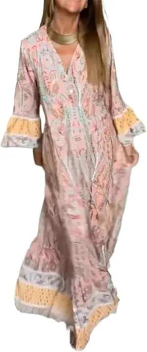 Women's Boho Dress Summer Long Sleeve Print Loose Long Dress Beach Retro Button V-Neck Darwstring Sundresses