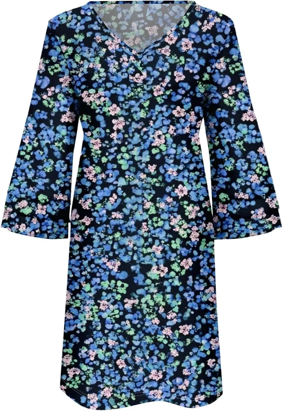 Womens Casual Boho Dresses Trendy Flower Print Summer Dress Loose Fit V Neck 3/4 Bell Sleeve Flowy Dress