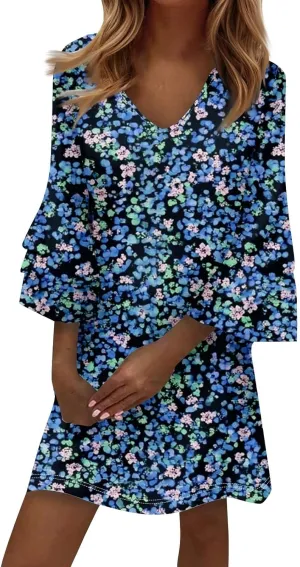 Womens Casual Boho Dresses Trendy Flower Print Summer Dress Loose Fit V Neck 3/4 Bell Sleeve Flowy Dress