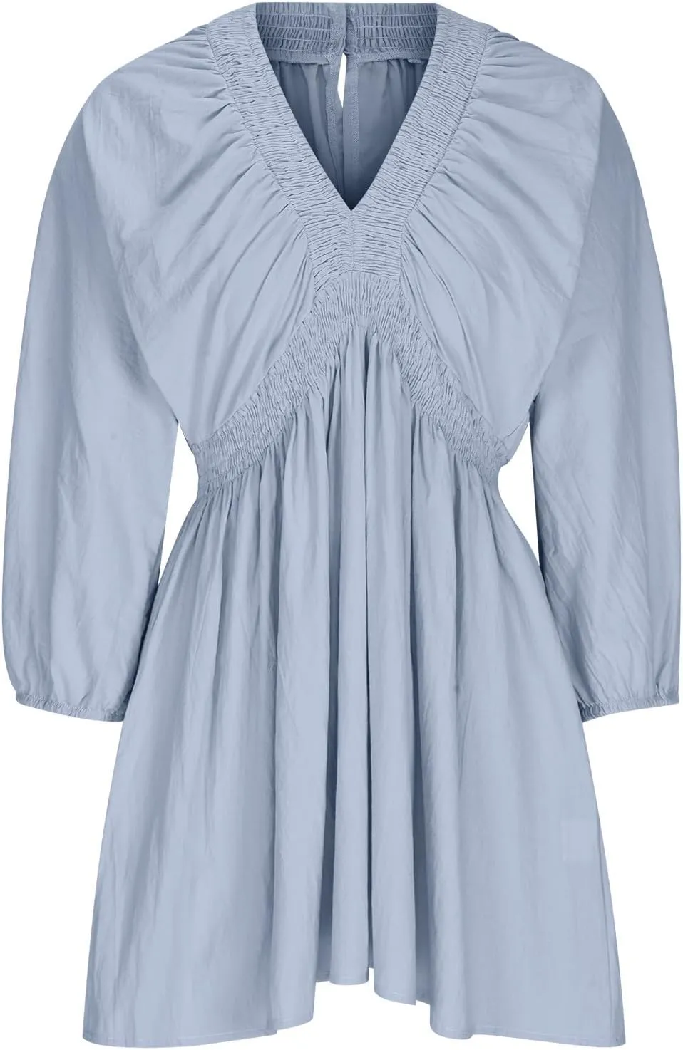 Women's Casual Deep V Neck Long Sleeve Smocked High Waist Ruffle A Line Mini Dresses Trendy Flowy Swing Pleated Dress