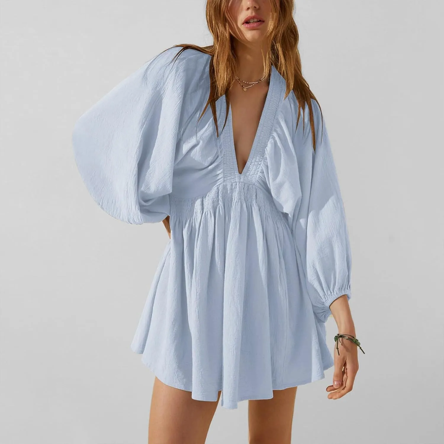 Women's Casual Deep V Neck Long Sleeve Smocked High Waist Ruffle A Line Mini Dresses Trendy Flowy Swing Pleated Dress
