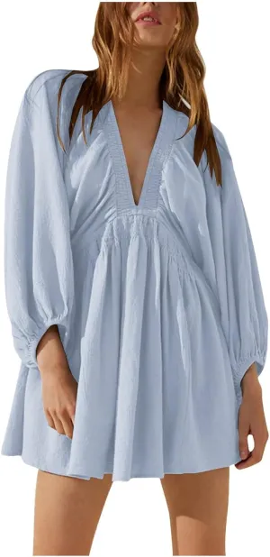 Women's Casual Deep V Neck Long Sleeve Smocked High Waist Ruffle A Line Mini Dresses Trendy Flowy Swing Pleated Dress
