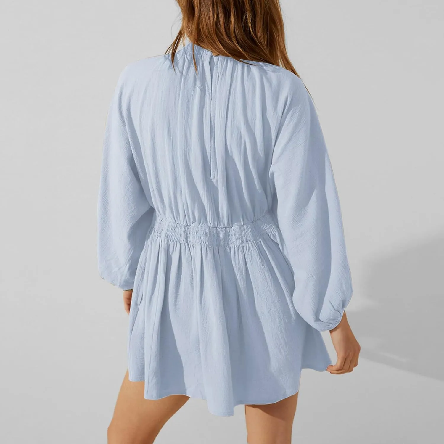 Women's Casual Deep V Neck Long Sleeve Smocked High Waist Ruffle A Line Mini Dresses Trendy Flowy Swing Pleated Dress